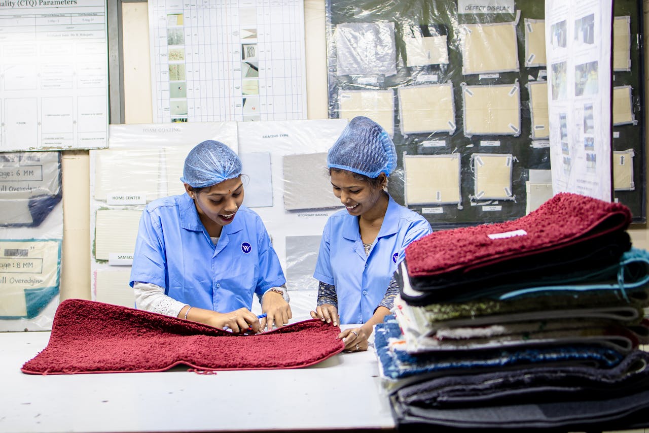 The Art of Drawing Readers In: Your attractive post title goes here Two female workers in a textile factory inspecting red carpet samples on a table.